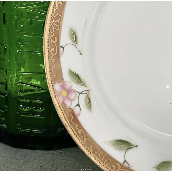 Antique Nippon Japan Bread Plates Porcelain Hand Painted Pink Flower Gold Rim x6 - Picture 1 of 6